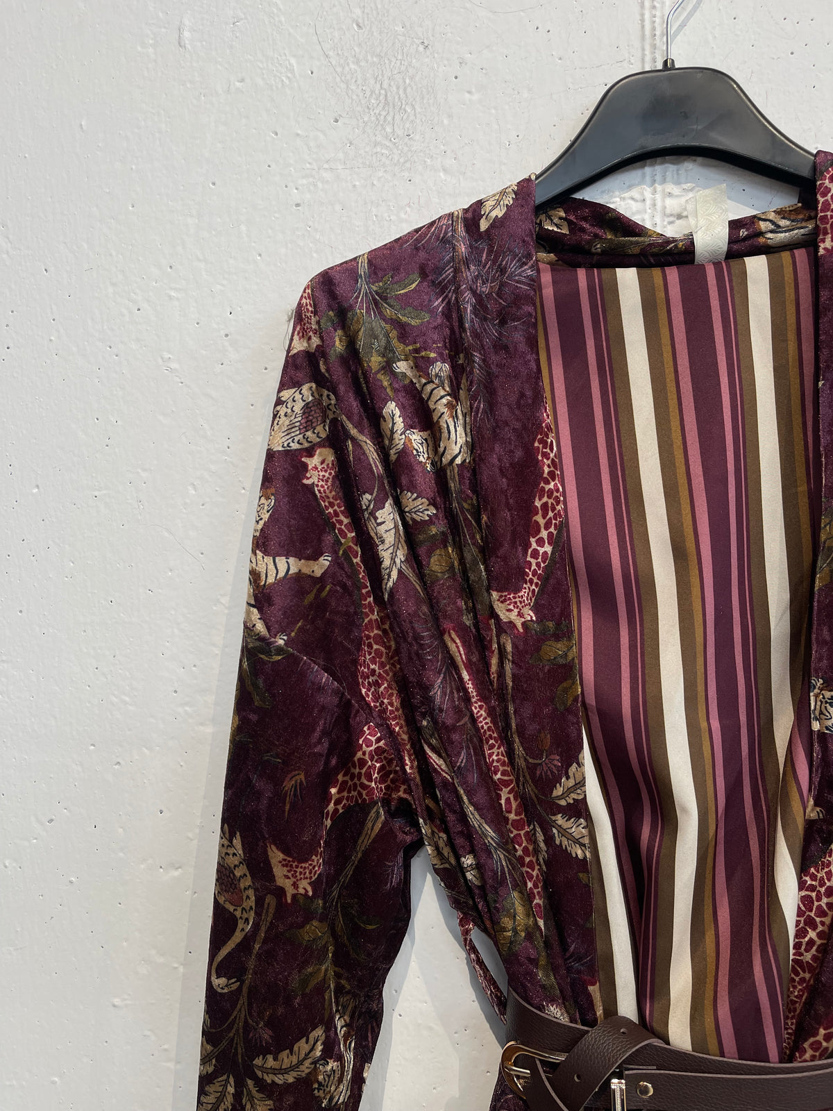 Kimono in ciniglia con cintura ed interno in fantasia