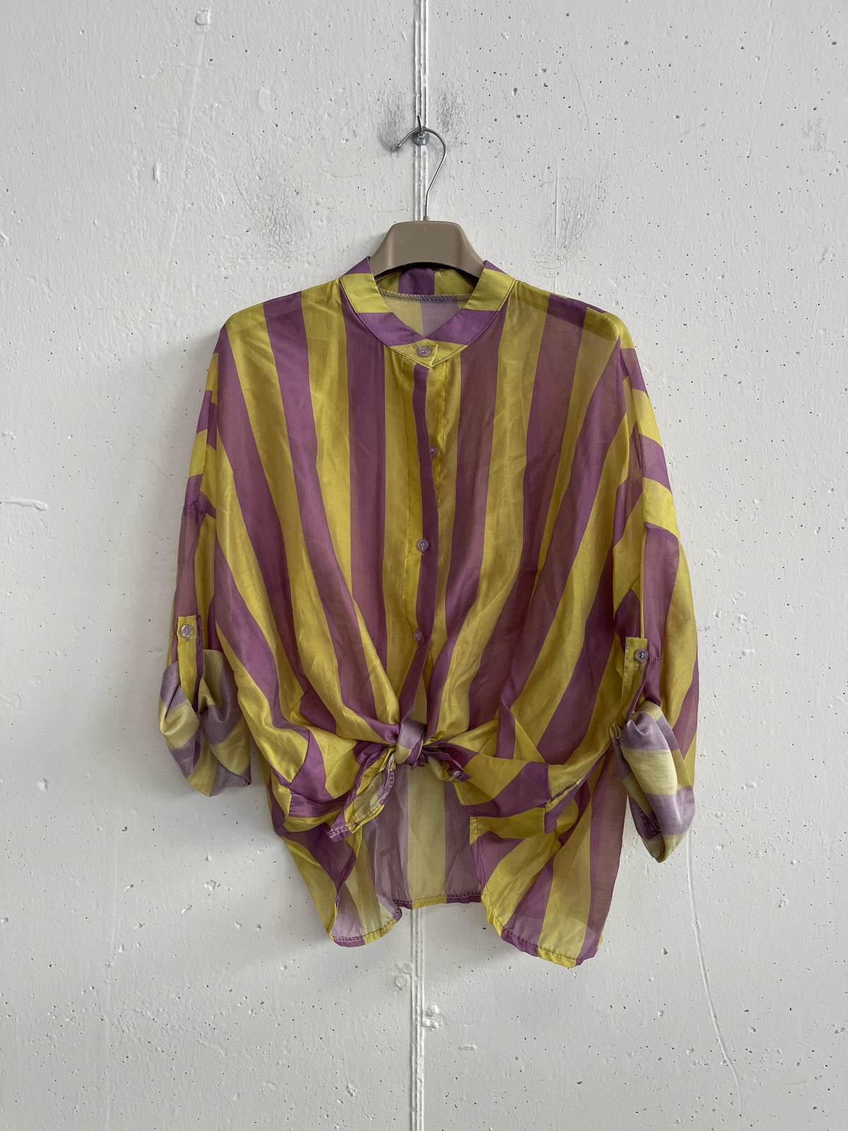 Camicia a Righe con Collo alla Coreana in Tencel - Taglia Unica