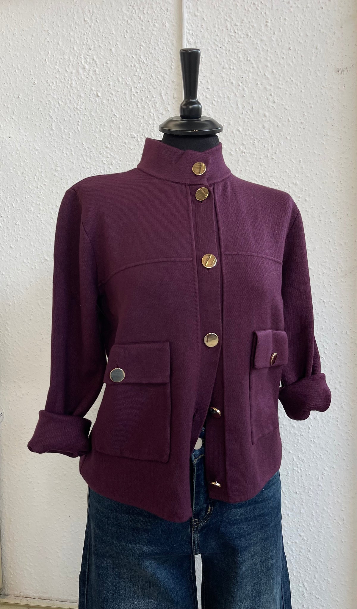 Cardigan con collo alla coreana e taschine
