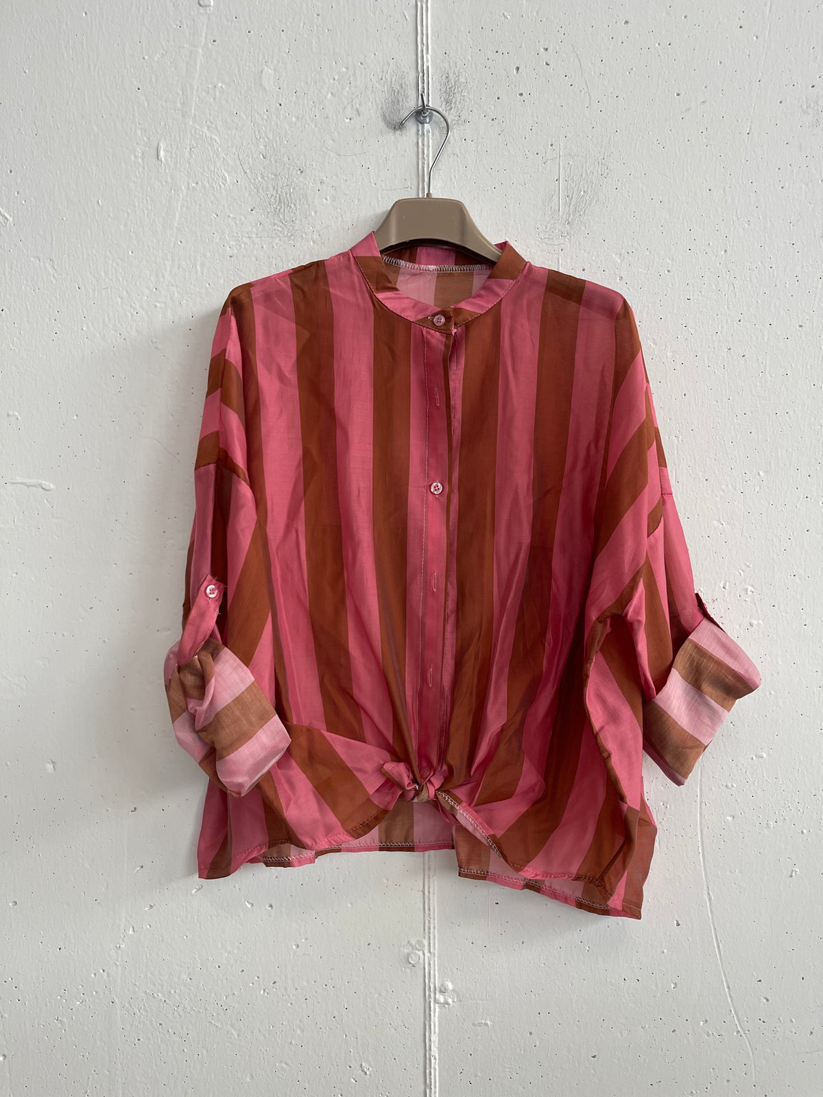 Camicia a Righe con Collo alla Coreana in Tencel - Taglia Unica