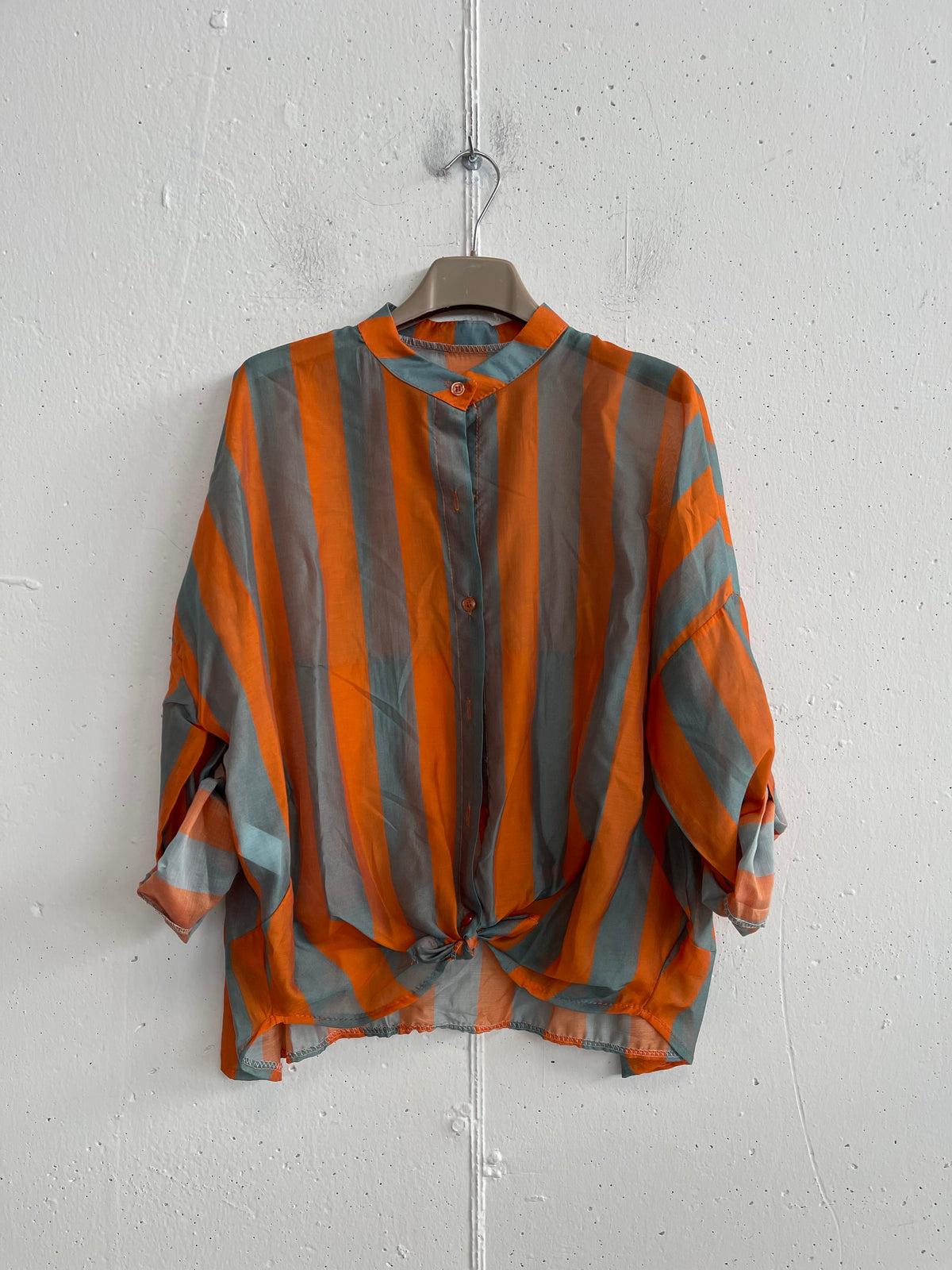 Camicia a Righe con Collo alla Coreana in Tencel - Taglia Unica