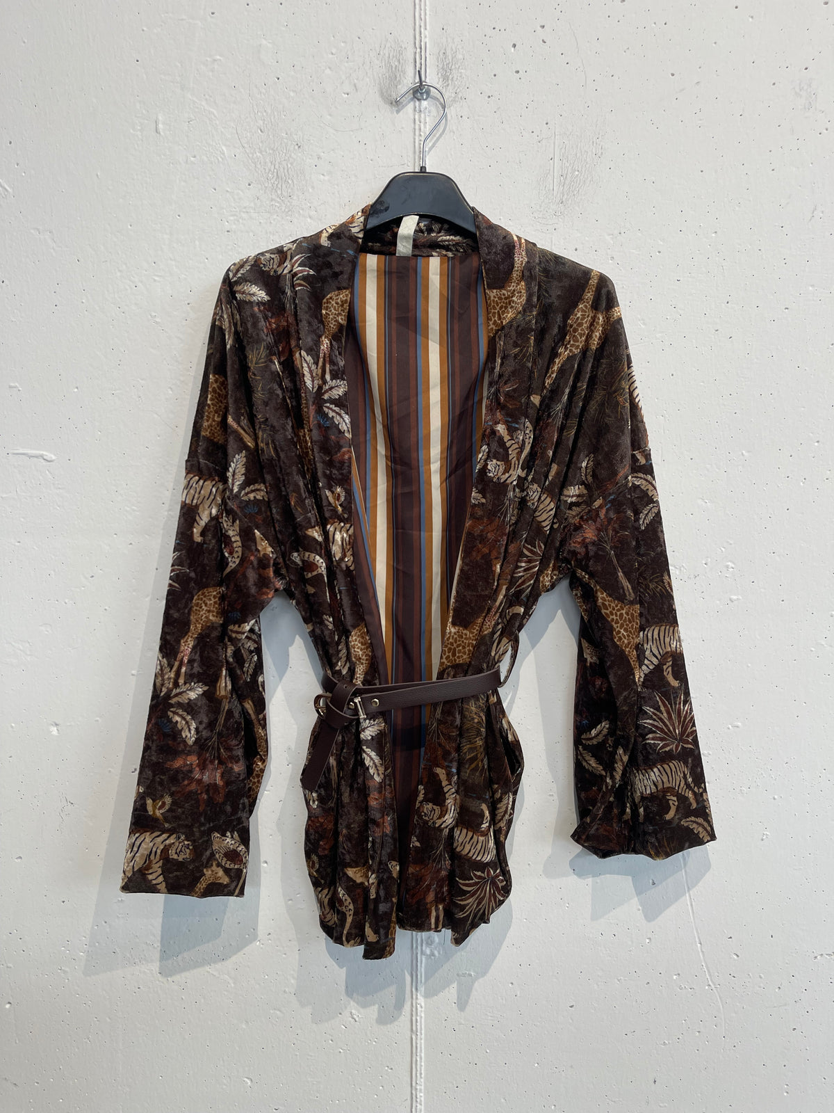 Kimono in ciniglia con cintura ed interno in fantasia