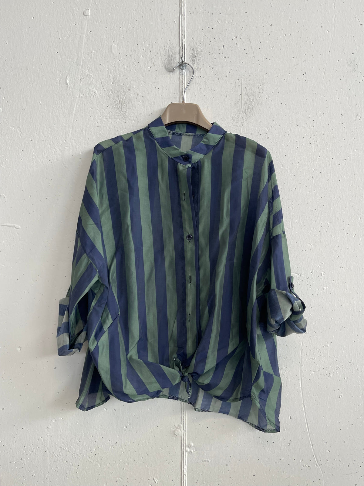 Camicia a Righe con Collo alla Coreana in Tencel - Taglia Unica